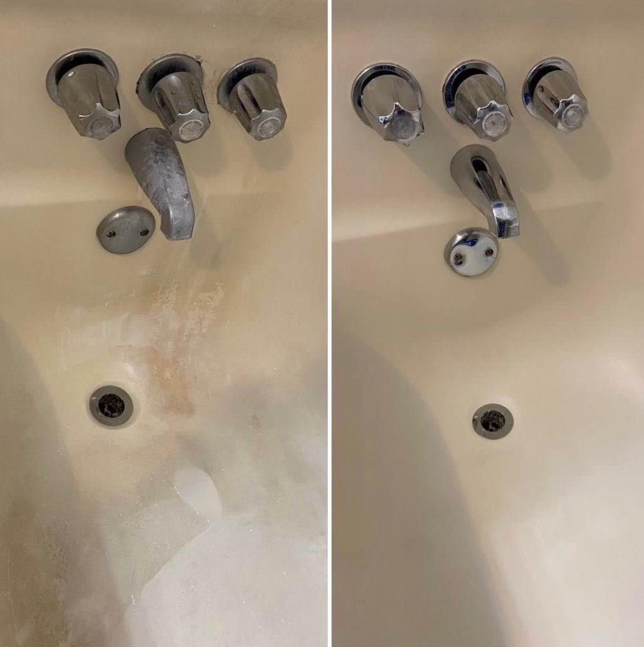 Before and after deep cleaning of a bathtub faucet and hard water stains
